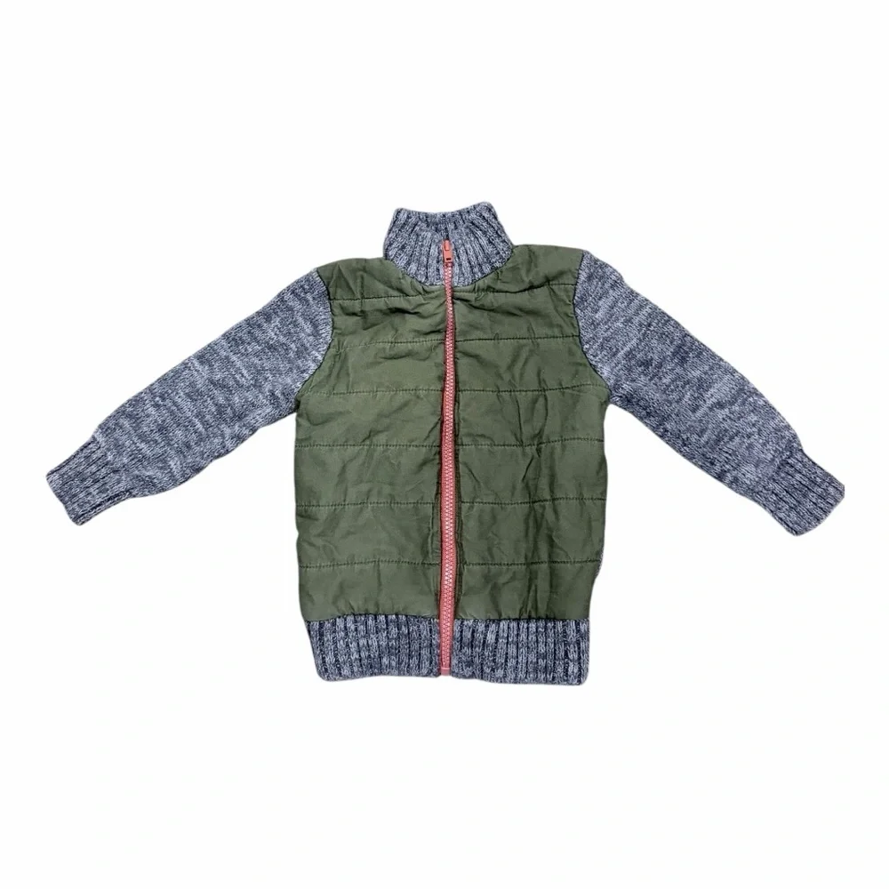 Cat & Jack Kids 3T Full Zip Quilted Knit Hybrid Jacket Olive Green Grey Sherpa‎